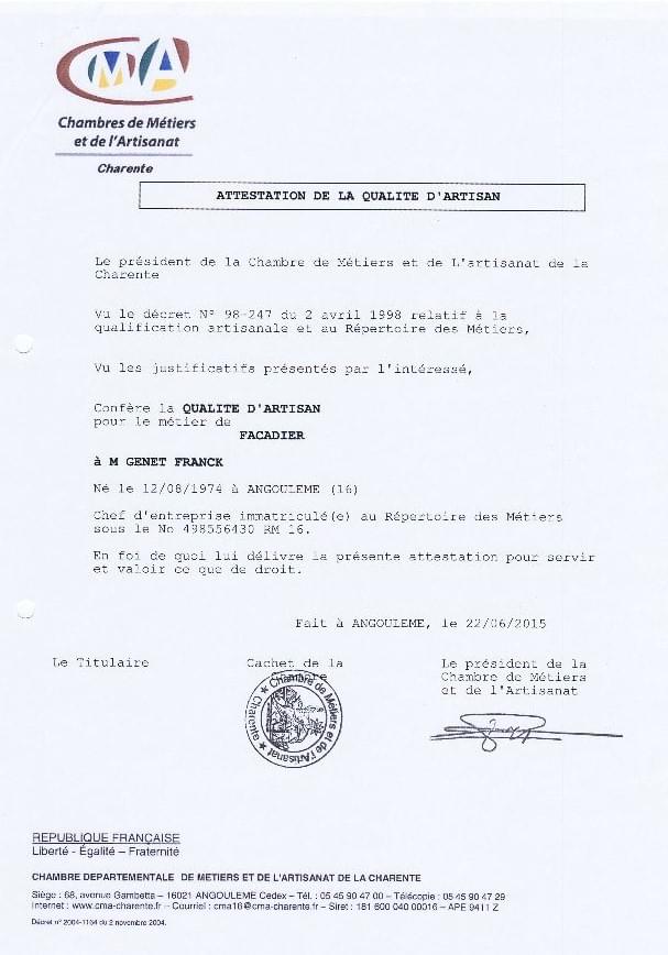 Attestation qualité d'artisan - Genet